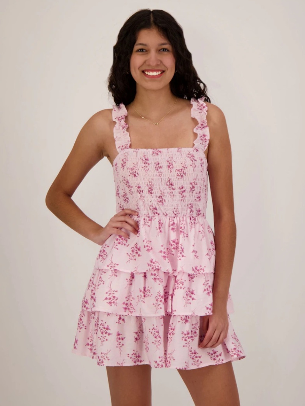 Pink Floral Ruffle Tiered Mini Sundress M Medium